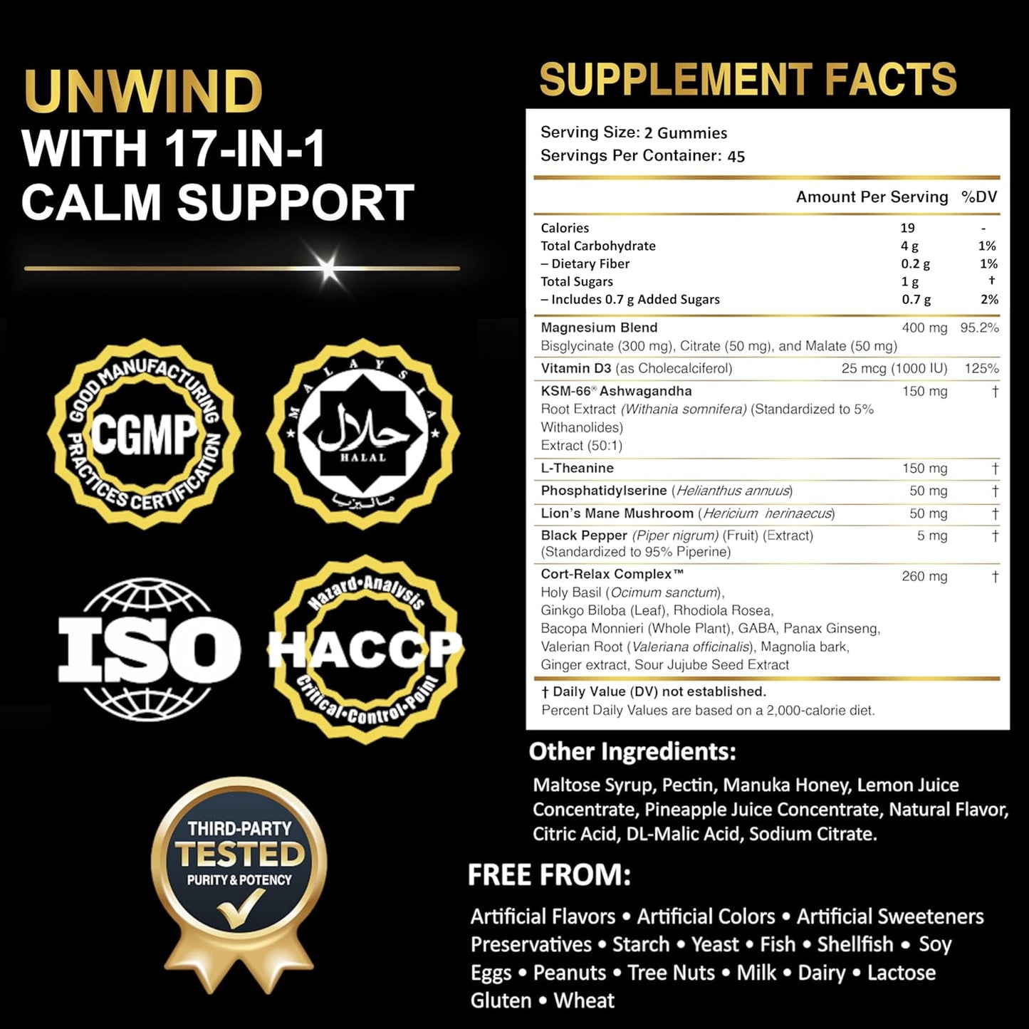 DLNIA Magnesium Glycinate Stress & Cortisol Support Gummies | Calm Focus by Day, Deep Sleep by Night | 17-in-1 with KSM-66® Ashwagandha, L-Theanine & Lion’s Mane
