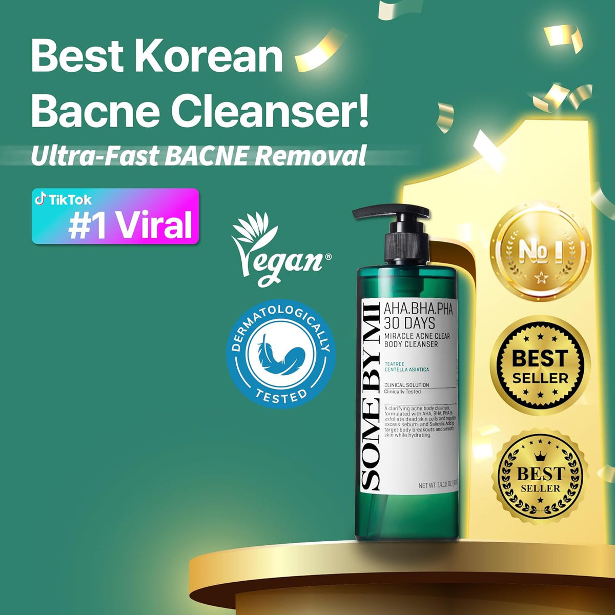 Korven AHA BHA PHA 30 Days Miracle Acne Clear Body Cleanser 13.5oz – Salicylic Acid & Tea Tree Acne Body Wash