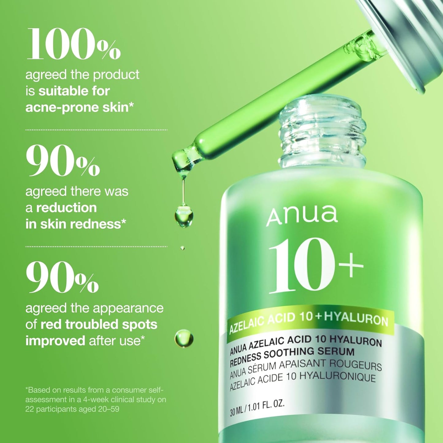 Anua Azelaic Acid 10 Hyaluron Redness Soothing Serum, Facial Serum for Blemish-Prone & Oily-Prone Skin, Lightweight & Hydrating Blemish Care, Hyaluronic Acid, Korean Skincare, 1.01 fl oz.