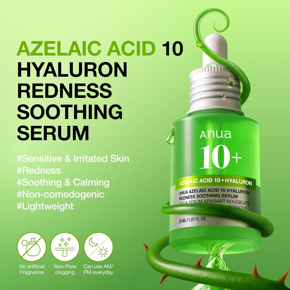 Anua Azelaic Acid 10 Hyaluron Redness Soothing Serum, Facial Serum for Blemish-Prone & Oily-Prone Skin, Lightweight & Hydrating Blemish Care, Hyaluronic Acid, Korean Skincare, 1.01 fl oz.