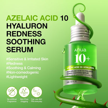 Anua Azelaic Acid 10 Hyaluron Redness Soothing Serum, Facial Serum for Blemish-Prone & Oily-Prone Skin, Lightweight & Hydrating Blemish Care, Hyaluronic Acid, Korean Skincare, 1.01 fl oz.