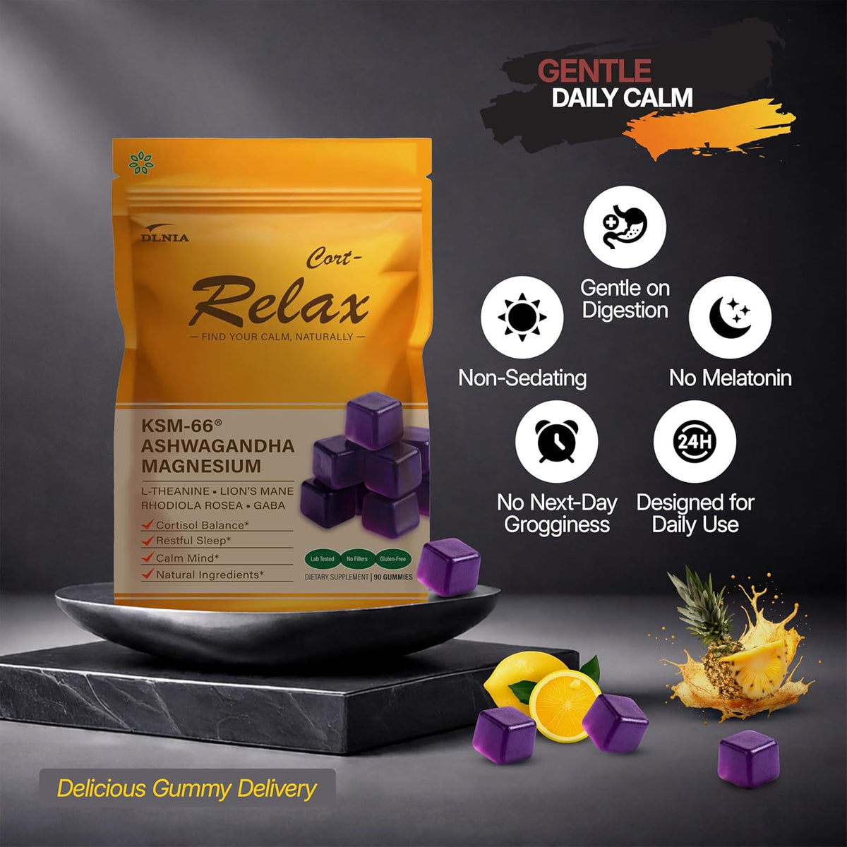 DLNIA Magnesium Glycinate Stress & Cortisol Support Gummies | Calm Focus by Day, Deep Sleep by Night | 17-in-1 with KSM-66® Ashwagandha, L-Theanine & Lion’s Mane