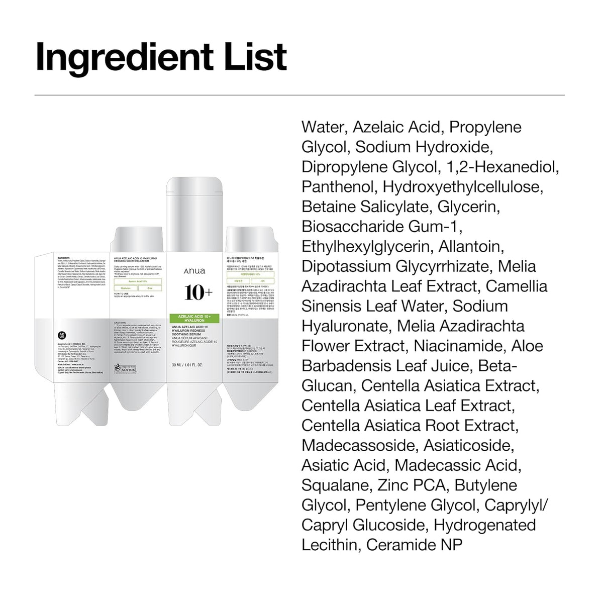 Anua Azelaic Acid 10 Hyaluron Redness Soothing Serum, Facial Serum for Blemish-Prone & Oily-Prone Skin, Lightweight & Hydrating Blemish Care, Hyaluronic Acid, Korean Skincare, 1.01 fl oz.