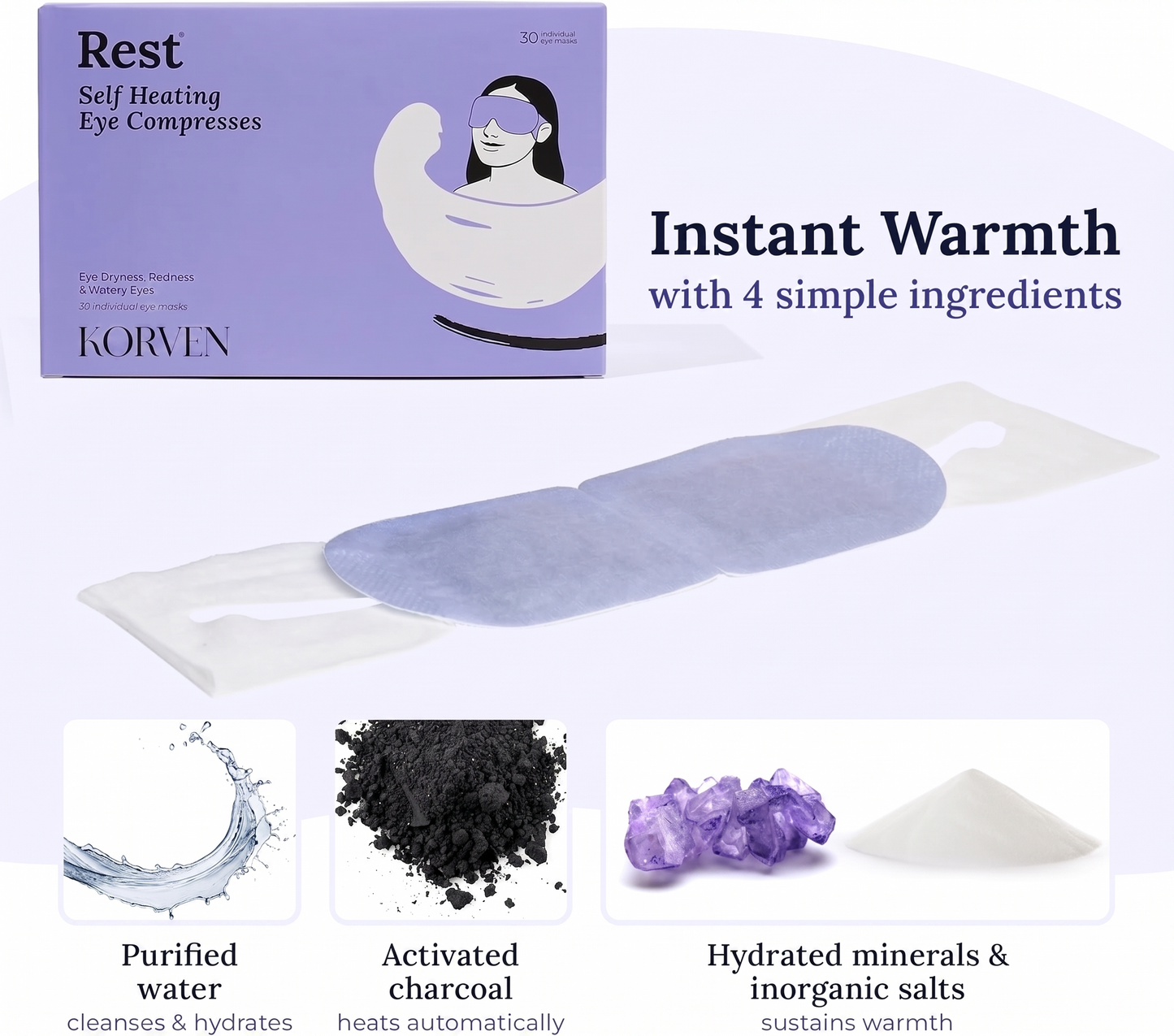 Korven Rest: Self Heating Warm Compress With Hydrating Minerals For Dry Eyes | 30 Count