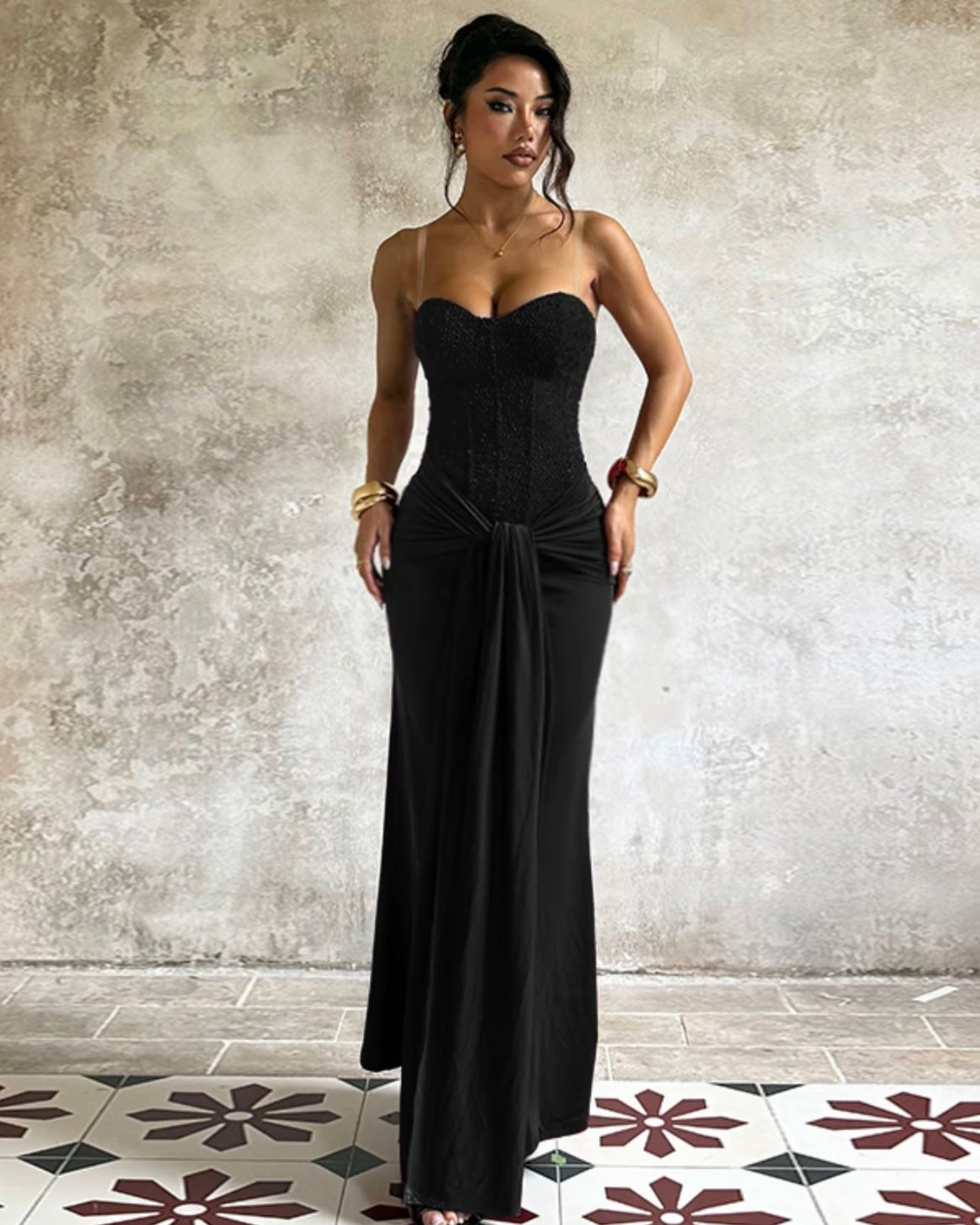 Elegant Bodycon Strapless Corset with Ruched Detail Evening Gown Dress