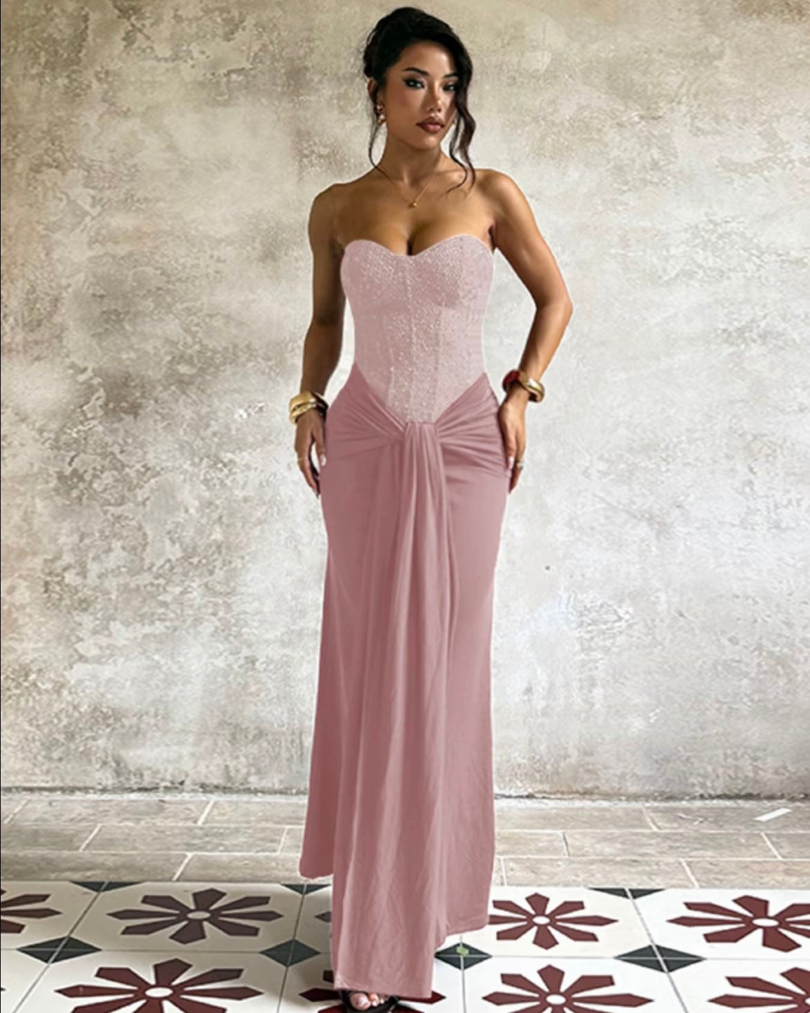 Elegant Bodycon Strapless Corset with Ruched Detail Evening Gown Dress