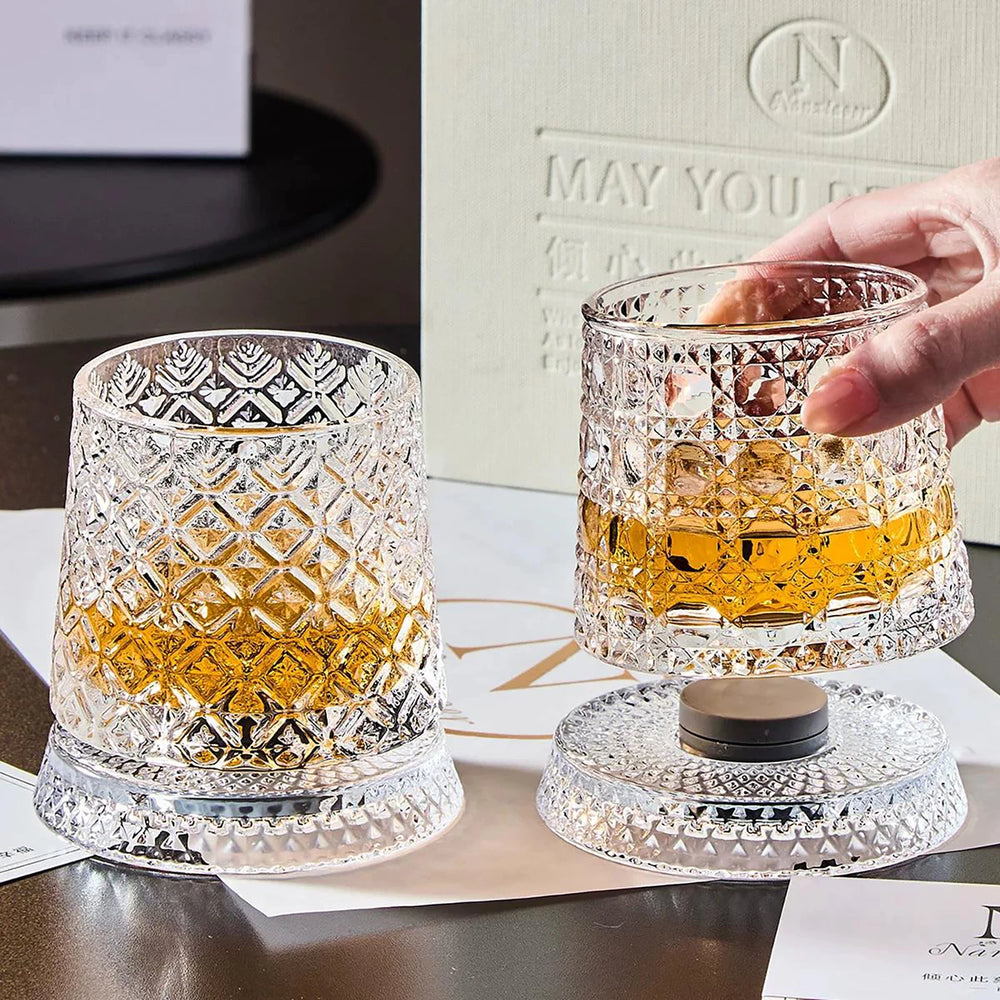 YWDL 360° Rotatable Whiskey Tumbler with Glass Base Embossed Crystal Whisky Glass Spinning Cup for Rum Cocktail Bar Party Gift