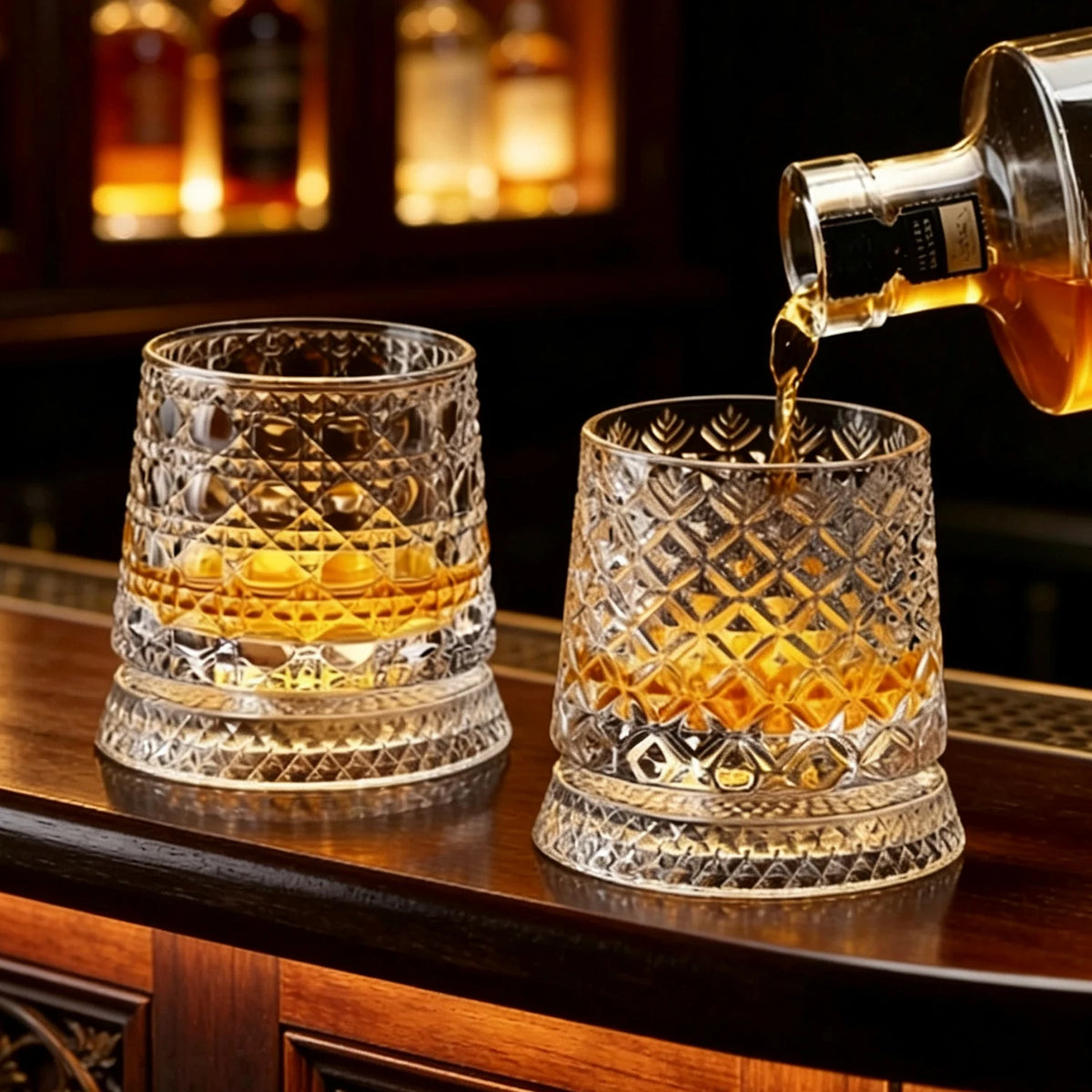 YWDL 360° Rotatable Whiskey Tumbler with Glass Base Embossed Crystal Whisky Glass Spinning Cup for Rum Cocktail Bar Party Gift